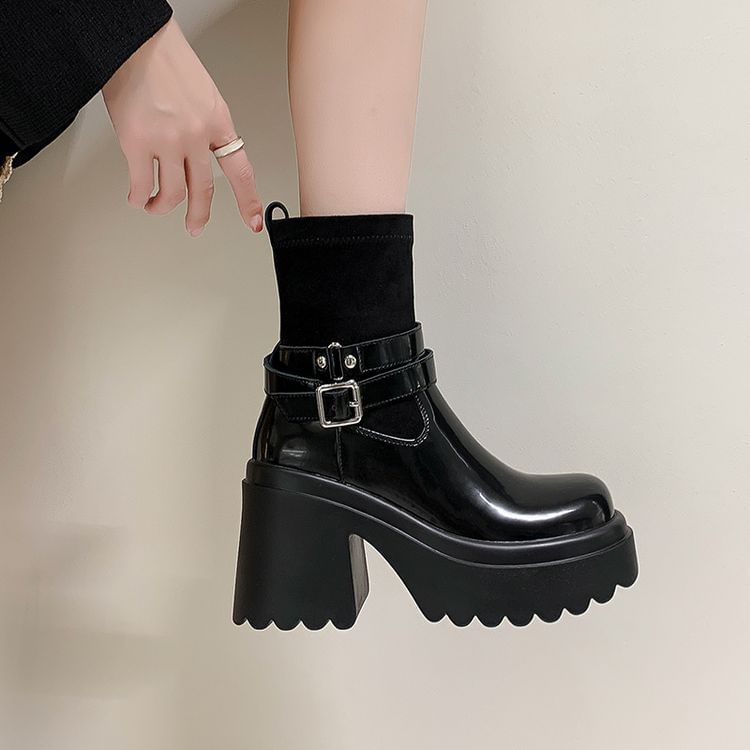 Platform Plain Buckled Genuine Leather Short Boots