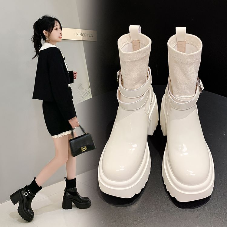 Platform Plain Buckled Genuine Leather Short Boots