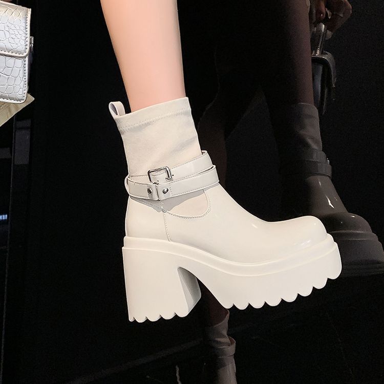 Platform Plain Buckled Genuine Leather Short Boots