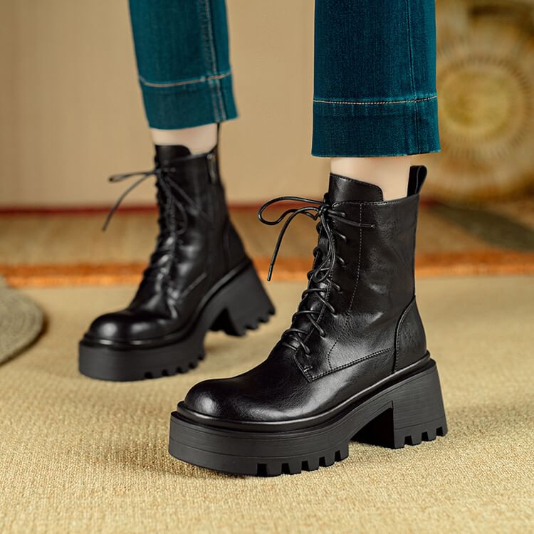 Platform Plain Lace-Up Genuine Leather Short Boots