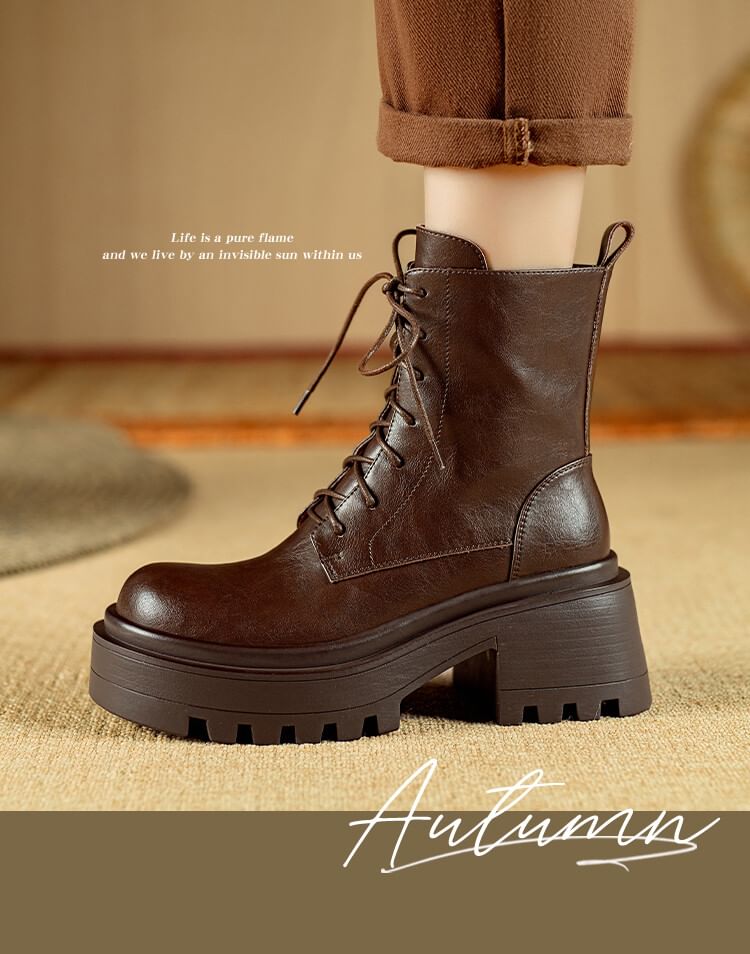 Platform Plain Lace-Up Genuine Leather Short Boots