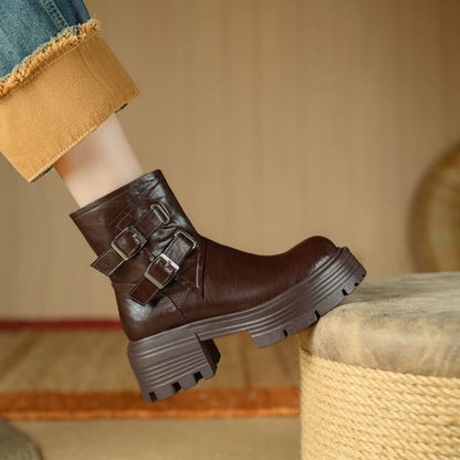 Platform Plain Buckled Zip-Up Genuine Leather Short Boots