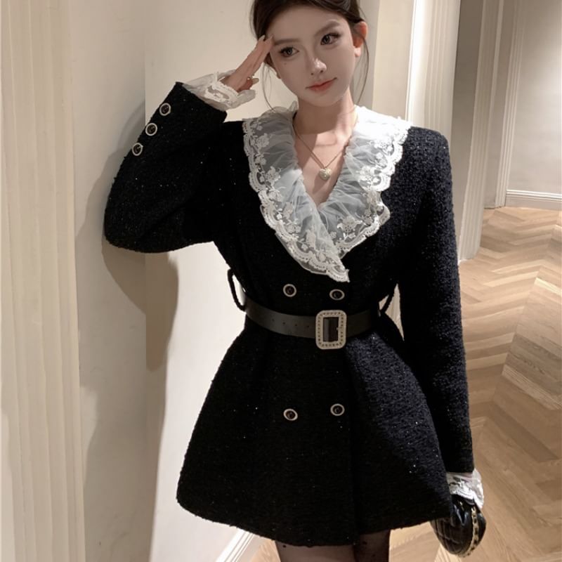 Lapel Collar Lace Panel Tweed Mini Coat Dress