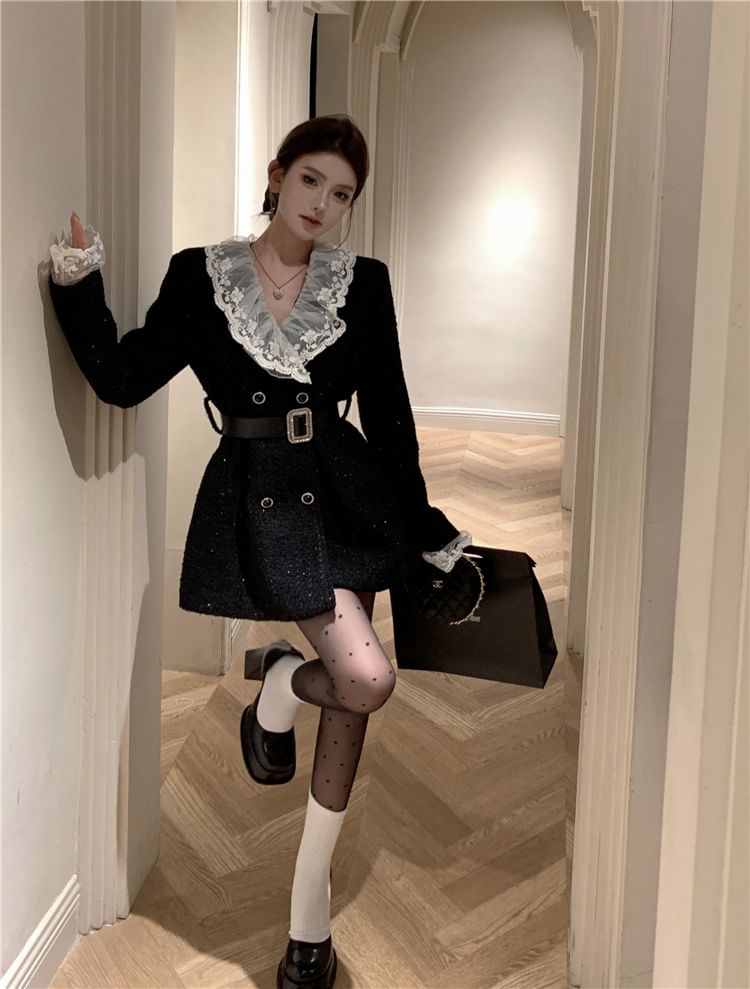 Lapel Collar Lace Panel Tweed Mini Coat Dress