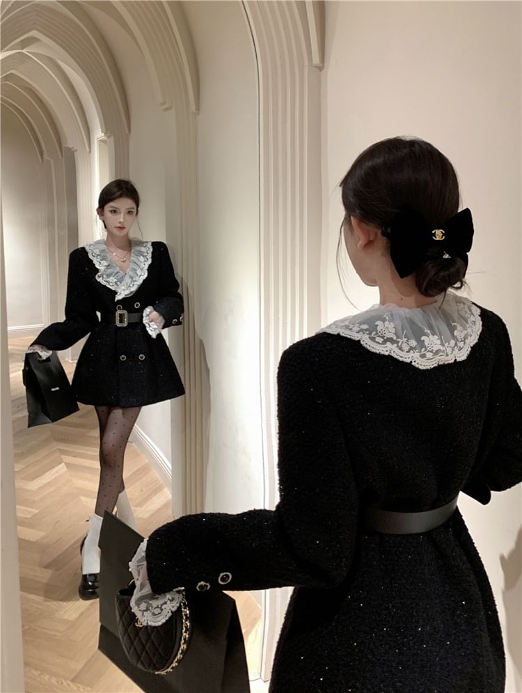 Lapel Collar Lace Panel Tweed Mini Coat Dress