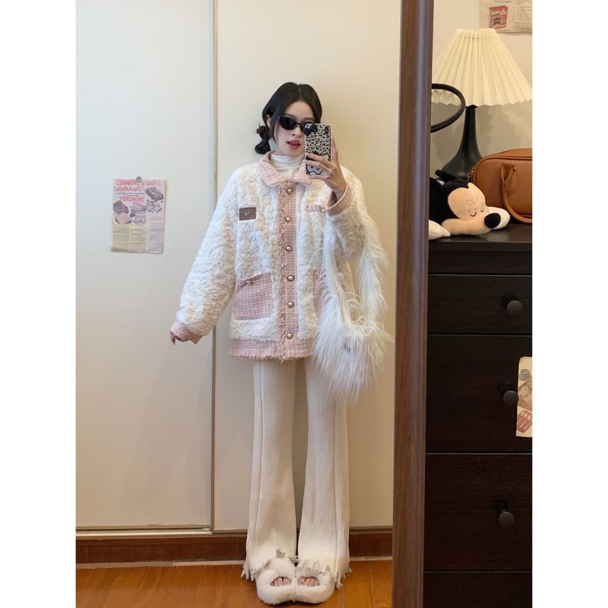 Collar Applique Fringed Tweed Panel Fleece  Button Jacket