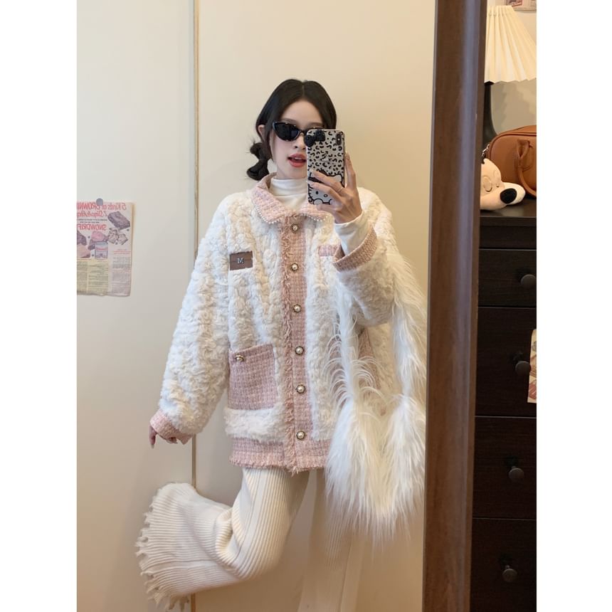 Collar Applique Fringed Tweed Panel Fleece  Button Jacket