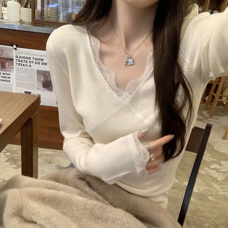 Slim-Fit V-Neck Lace-Trim Knit Top