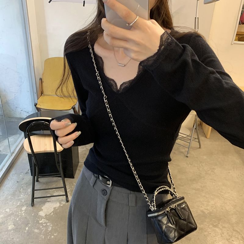 Slim-Fit V-Neck Lace-Trim Knit Top