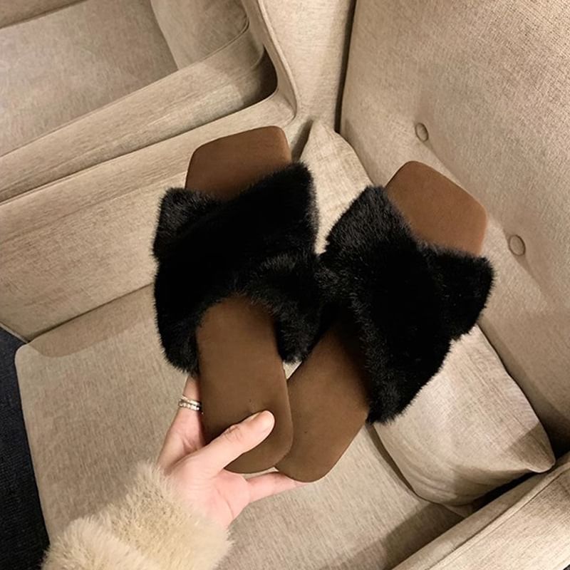Slide Sandals Band Fluffy Cross