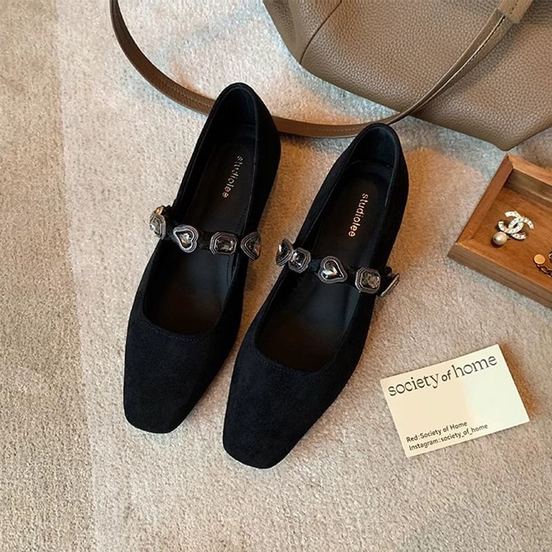 Buckled Faux Heart Flats Leather