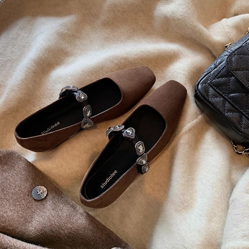 Buckled Faux Heart Flats Leather