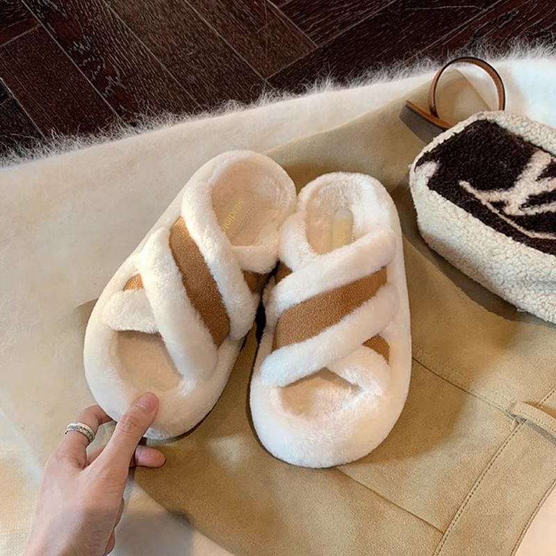Fleece Cross Plain Band Slide Sandals