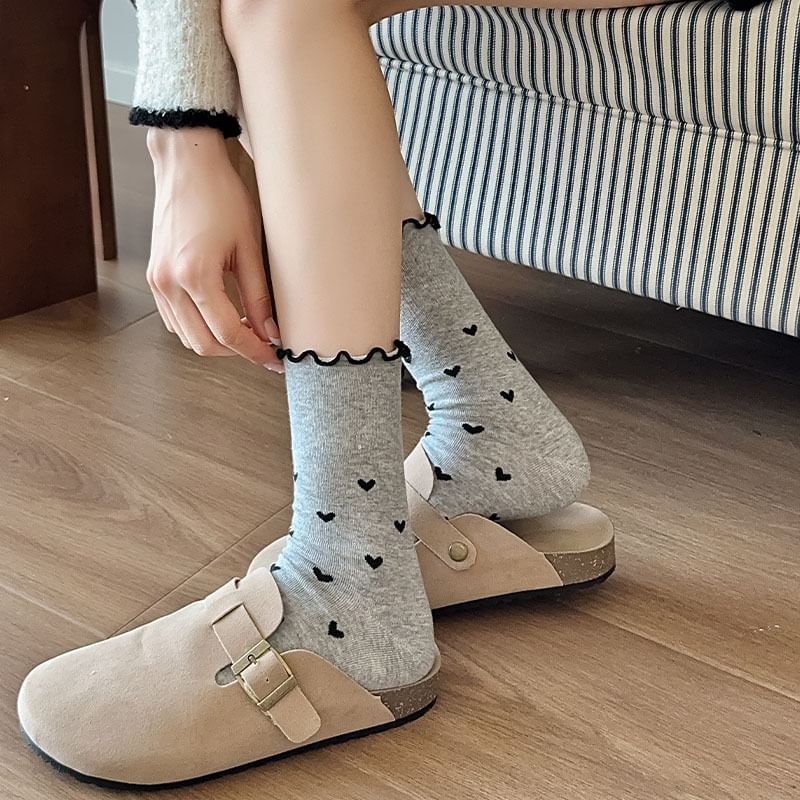 Heart Print Lettuce Edge Crew Socks