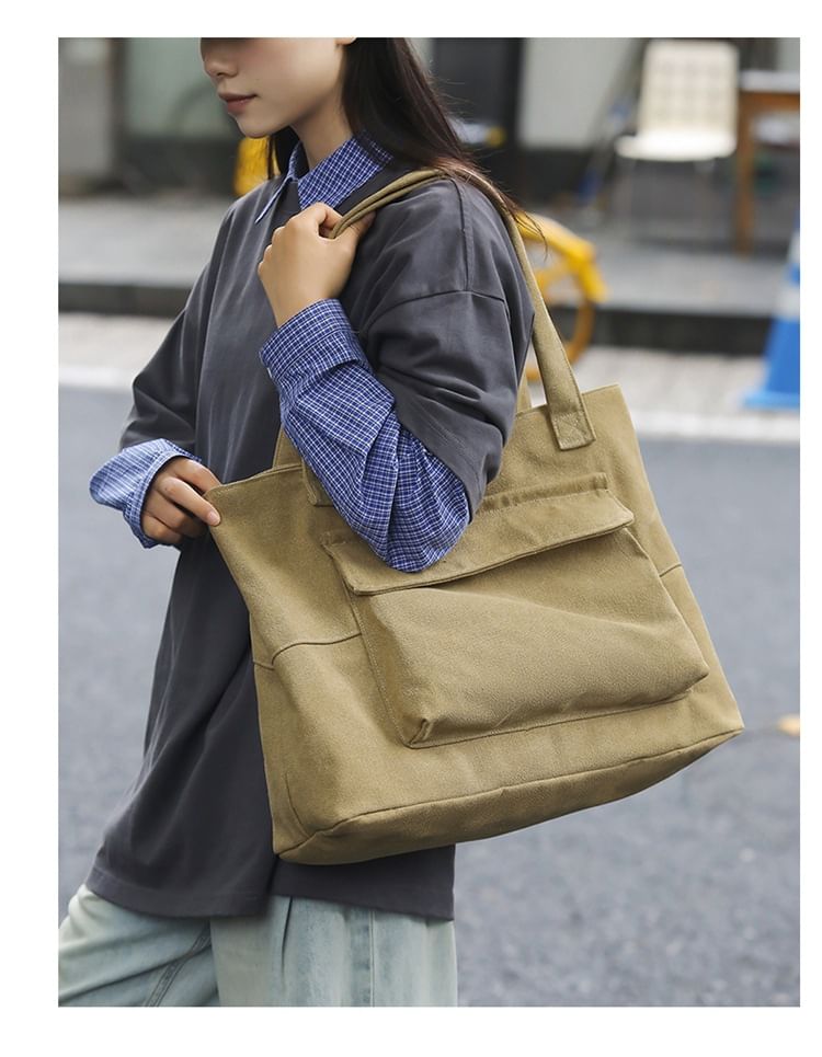 Canvas Tote Pocket Plain Bag Flap