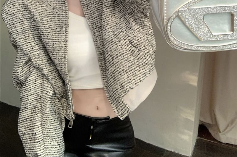 Lapel Collar Tweed Zip Cropped Jacket