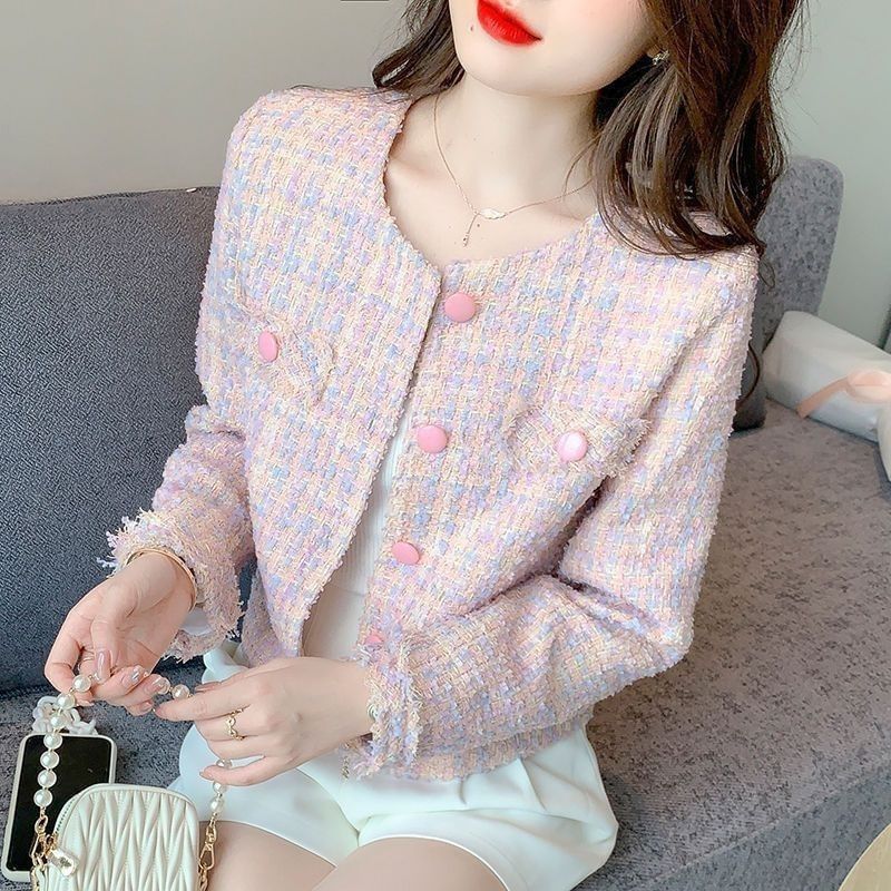 Round Neck Fray Tweed Button Jacket