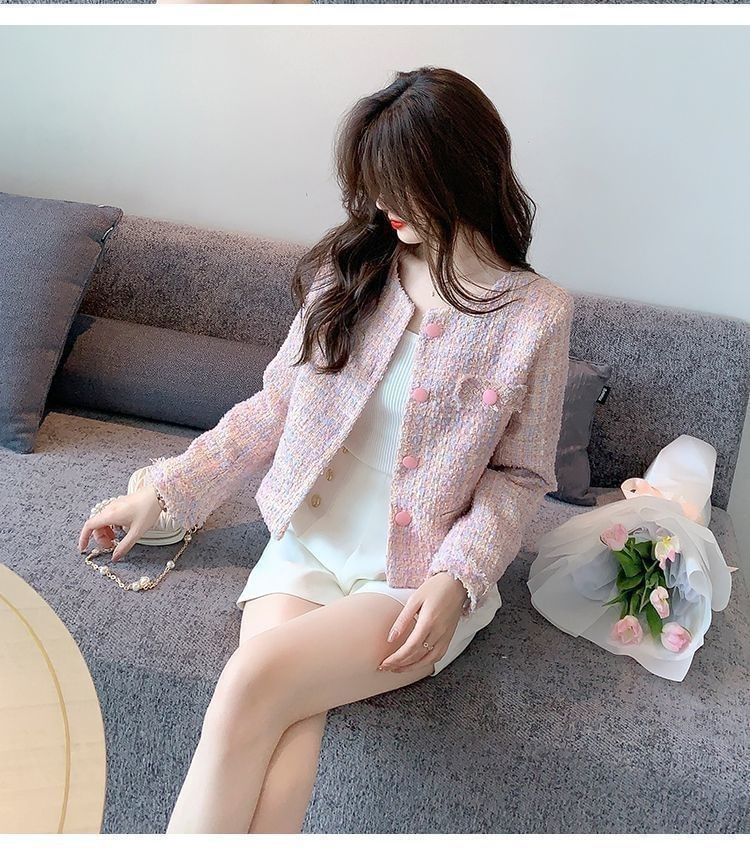 Round Neck Fray Tweed Button Jacket