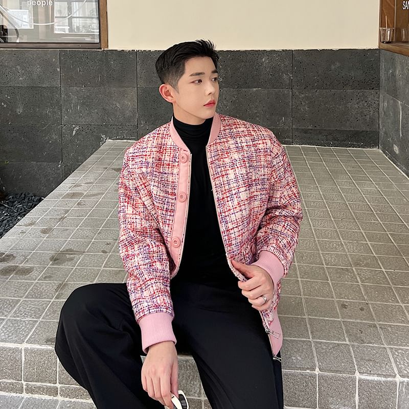 Panel Tweed Zip Baseball Jacket