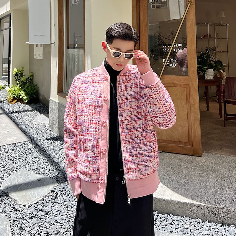 Panel Tweed Zip Baseball Jacket