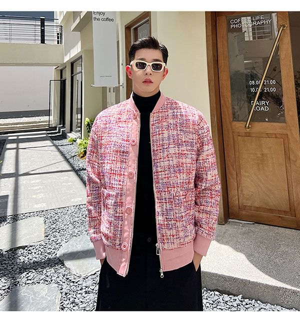 Panel Tweed Zip Baseball Jacket