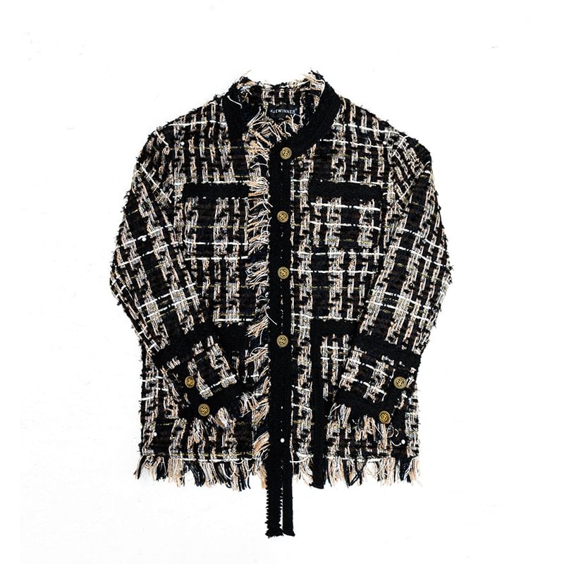 Stand Collar Fringe Tweed Button Jacket