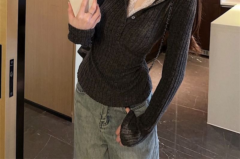 Mock Two-Piece Ribbed Lace V-Neck Long-Sleeve Top