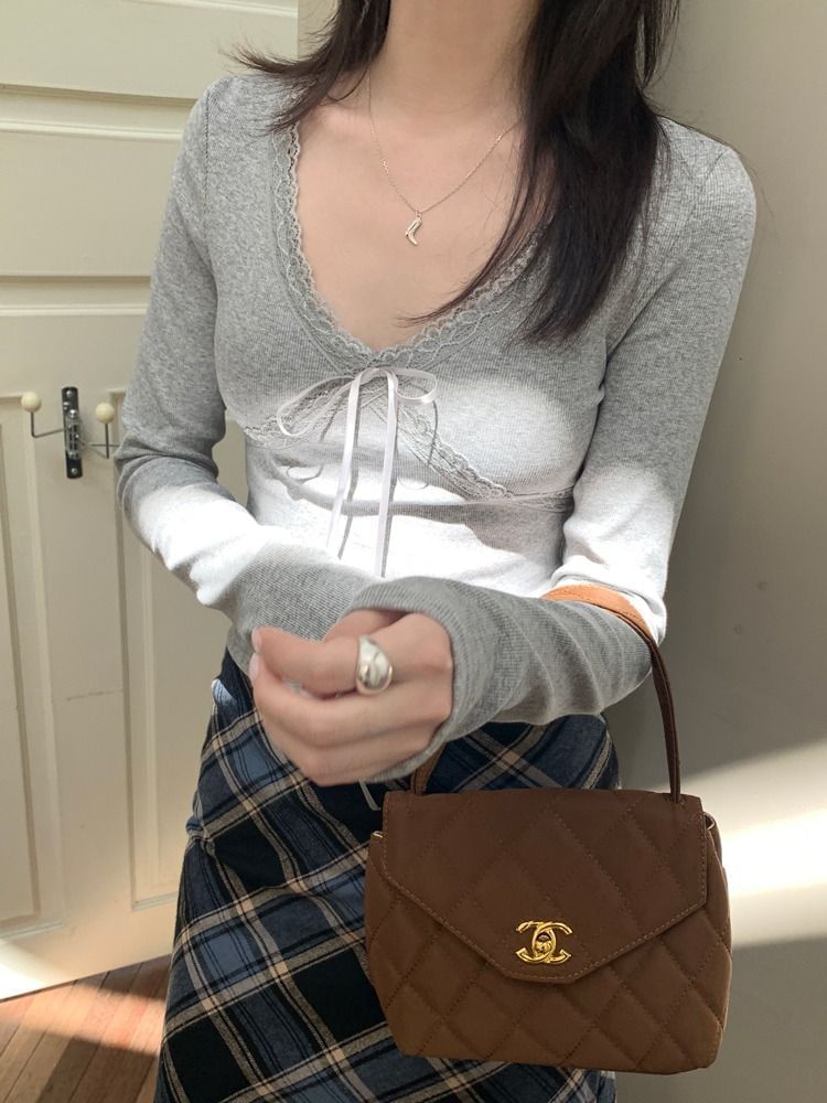 Bow-Adorned Lace V-Neck Top