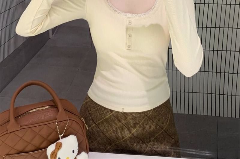 Scoop Neck Padded Button Lace-Trim Long-Sleeve Tee
