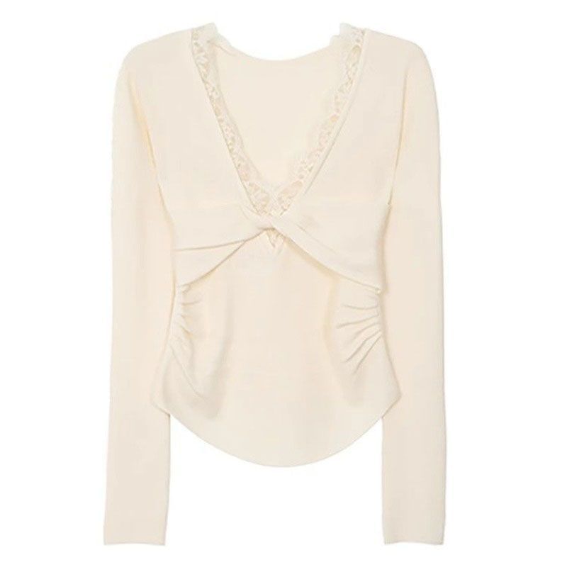 Twist Panel Lace V-Neck Knit Top