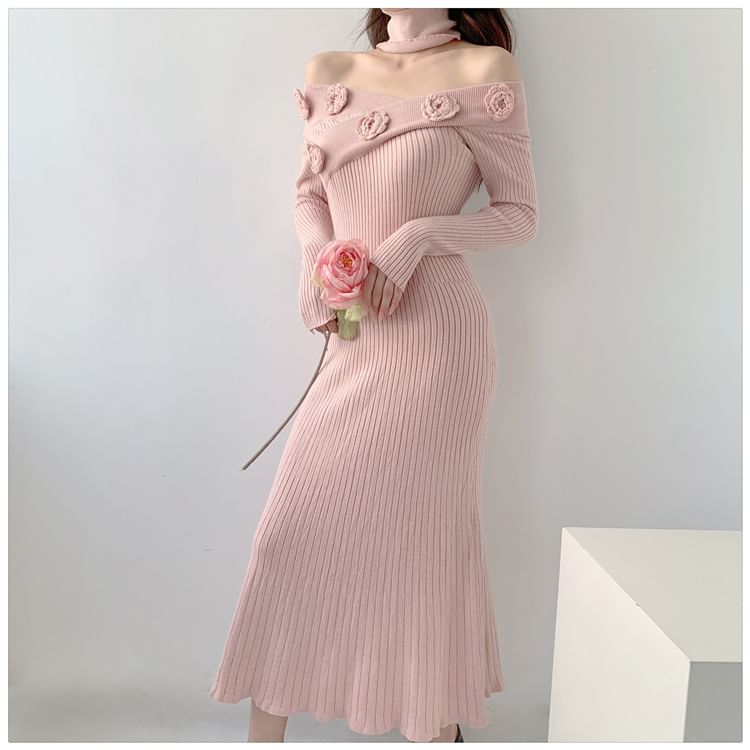 Long-Sleeve Off-Shoulder Plain Flower Detail Ribbed Knit Maxi Sheath Dress