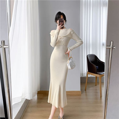 Long-Sleeve Cold-Shoulder Plain Bow Ribbed Knit Midi Mermaid Dress