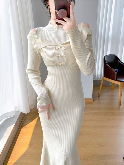 Long-Sleeve Cold-Shoulder Plain Bow Ribbed Knit Midi Mermaid Dress