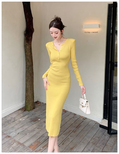 Long-Sleeve Henley Plain Ribbed Knit Midi Sheath Dress