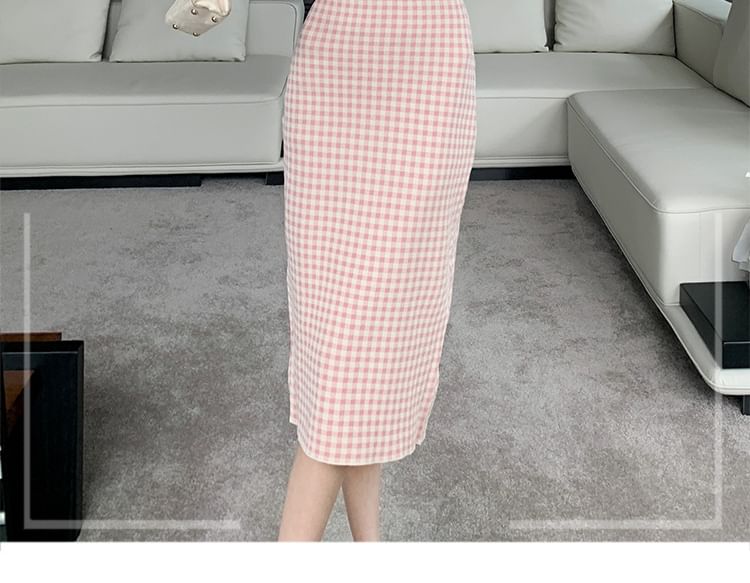 Long-Sleeve Henley Plaid Midi Sheath Dress