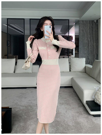 Long-Sleeve Henley Plaid Midi Sheath Dress