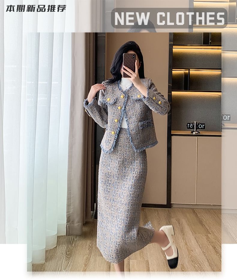 Crew Neck Fringed Contrast Trim Tweed Button Jacket / High Rise Slit Midi H-Line Skirt / Long-Sleeve Mock Neck Plain Knit Top / Set