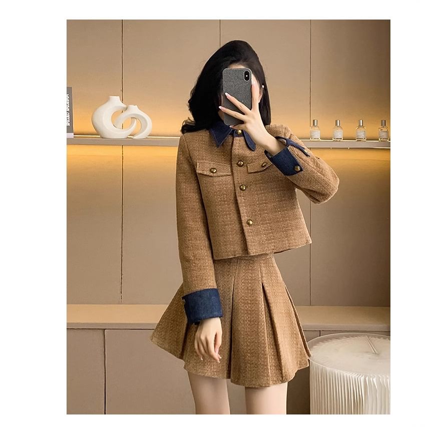Collar Denim Panel Tweed Button Jacket / Long-Sleeve Plain Knit Top / High Waist Pleated Mini A-Line Skirt / Set