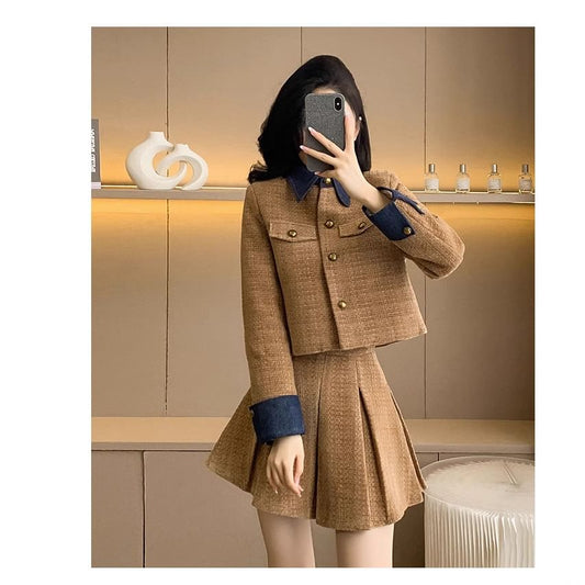 Collar Denim Panel Tweed Button Jacket / Long-Sleeve Plain Knit Top / High Waist Pleated Mini A-Line Skirt / Set