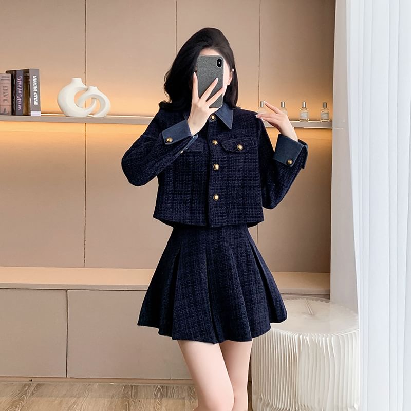 Collar Denim Panel Tweed Button Jacket / Long-Sleeve Plain Knit Top / High Waist Pleated Mini A-Line Skirt / Set