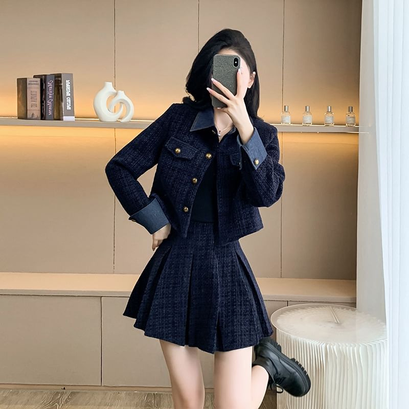 Collar Denim Panel Tweed Button Jacket / Long-Sleeve Plain Knit Top / High Waist Pleated Mini A-Line Skirt / Set