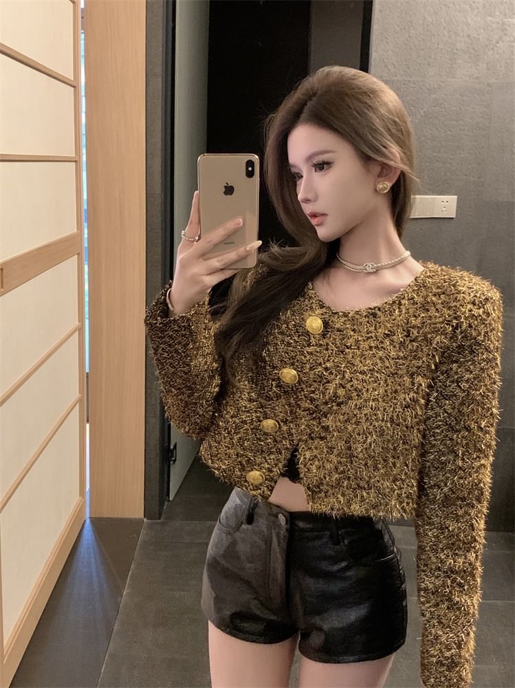 Crew Neck Button-Up Tweed Crop Jacket