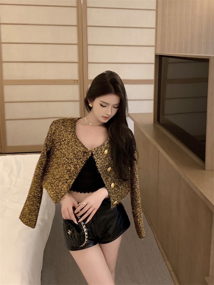 Crew Neck Button-Up Tweed Crop Jacket