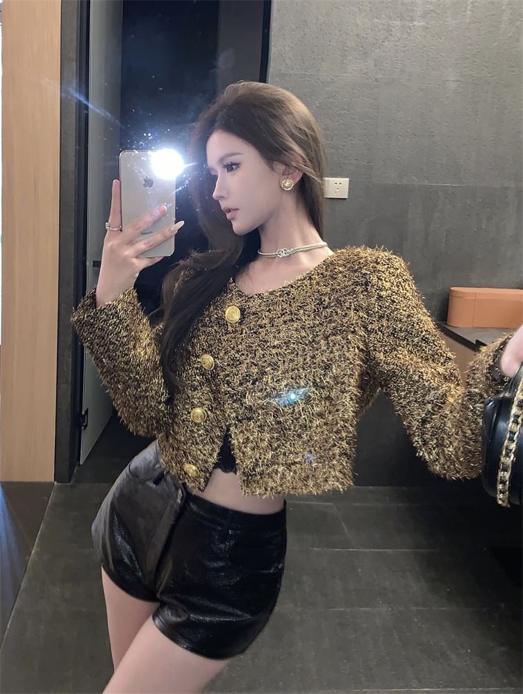 Crew Neck Button-Up Tweed Crop Jacket