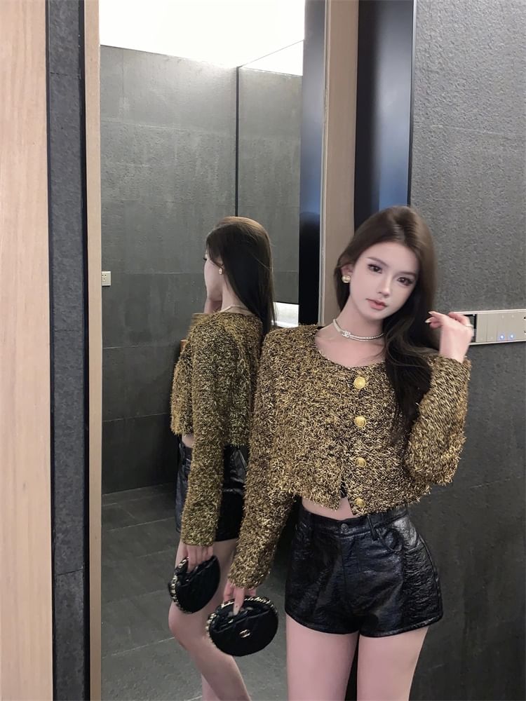 Crew Neck Button-Up Tweed Crop Jacket