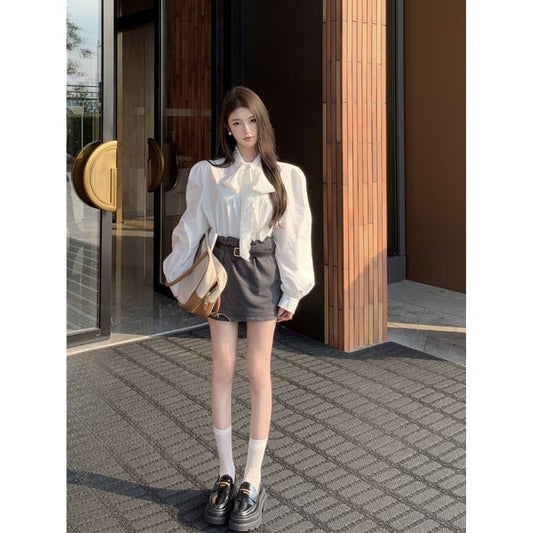 Long-Sleeve Tie-Neck Plain Lace Panel Blouse / High Rise Mini Pencil Skirt / Crew Neck Tweed Jacket / Belt