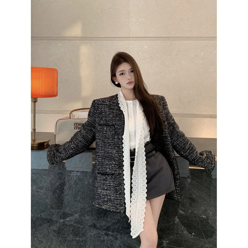 Long-Sleeve Tie-Neck Plain Lace Panel Blouse / High Rise Mini Pencil Skirt / Crew Neck Tweed Jacket / Belt