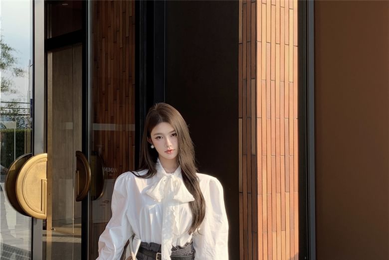 Long-Sleeve Tie-Neck Plain Lace Panel Blouse / High Rise Mini Pencil Skirt / Crew Neck Tweed Jacket / Belt