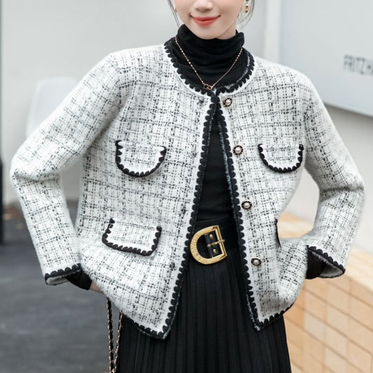 Round Neck Tweed Cropped Button Jacket