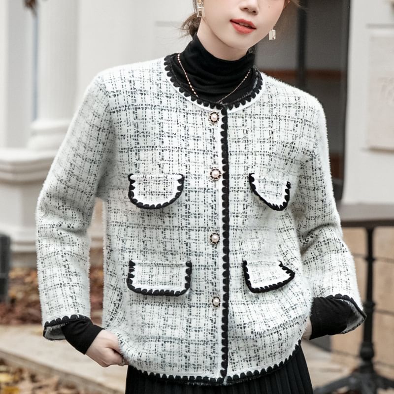 Round Neck Tweed Cropped Button Jacket